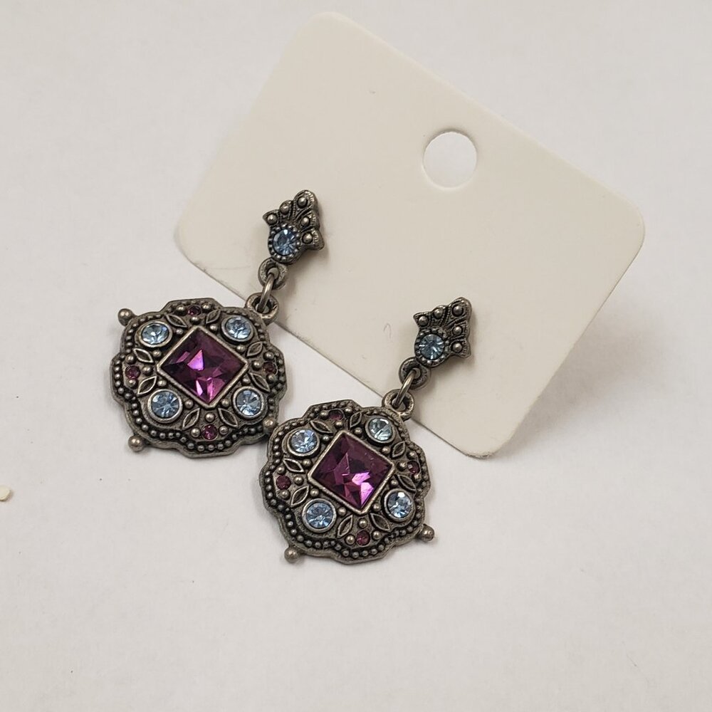 Brass silver tone, purple blue rhinestone, textured, vintage dangle post earring